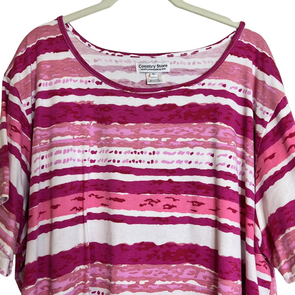 Country Store Womens Short Sleeve Tee Size 3X Pink White Mixed Stripes Ruched - Picture 2 of 6